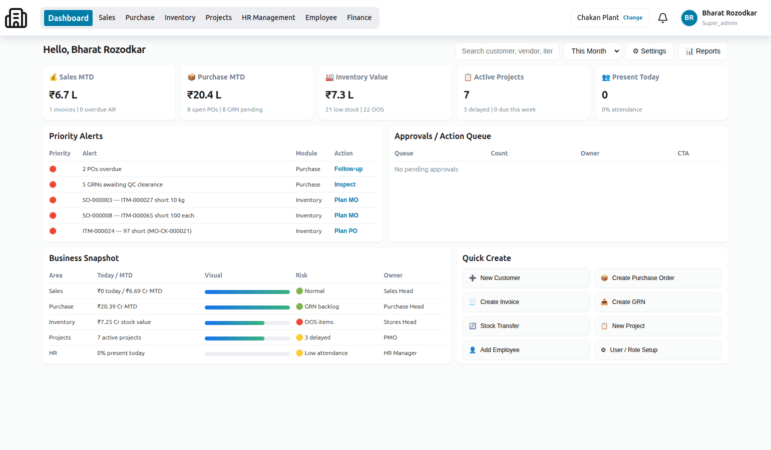 ERP dashboard overview